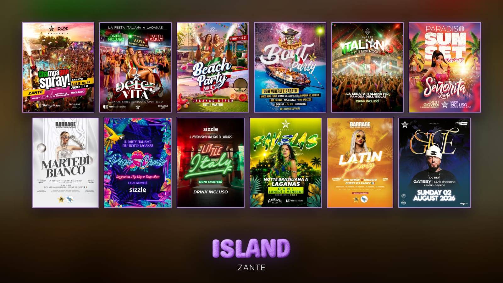 A wall of the official posters of the Zante party nights, one for each night