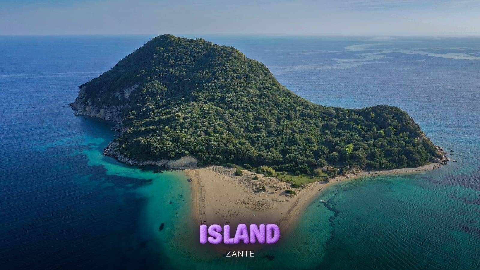 Marathonisi, the turtle-shaped island in Laganas Bay, Zante, seen from the air