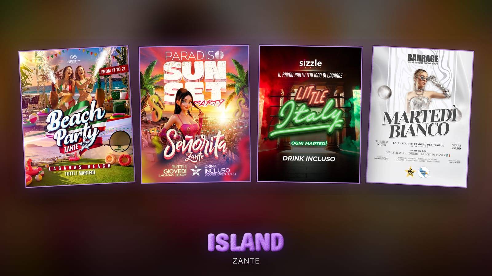 Official posters of Beach Party, Paradiso Sunset Party, Little Italy and Martedì Bianco, from the afternoon beach party to the club