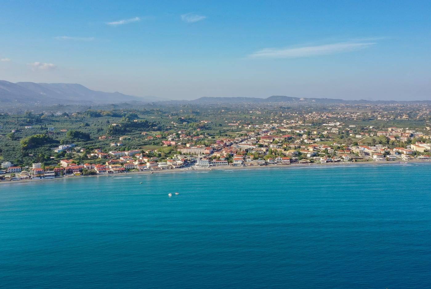 Laganas Bay, Zante, from the air, with the resort along the beach