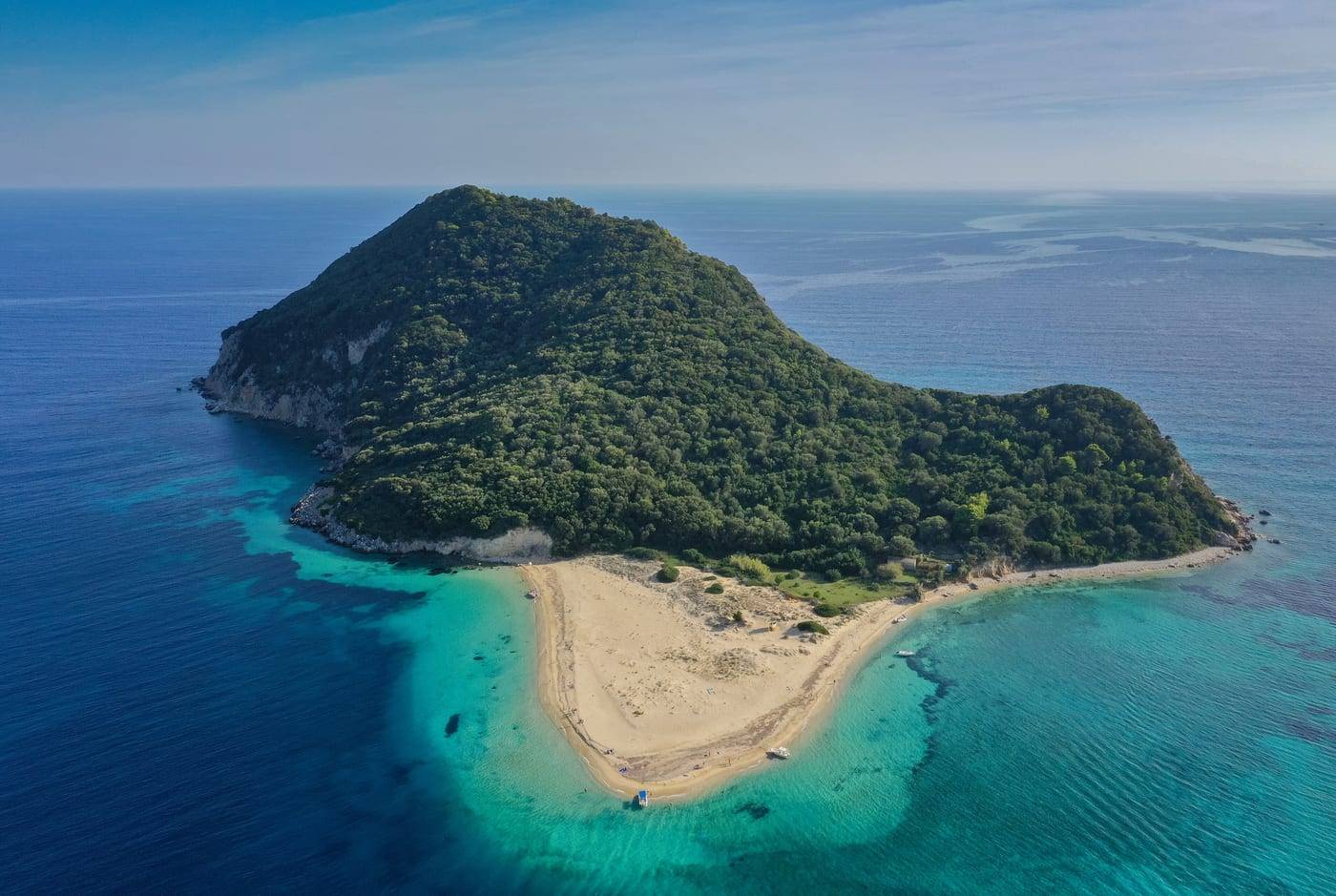 Marathonisi, the turtle-shaped island in Laganas Bay, Zante, seen from the air